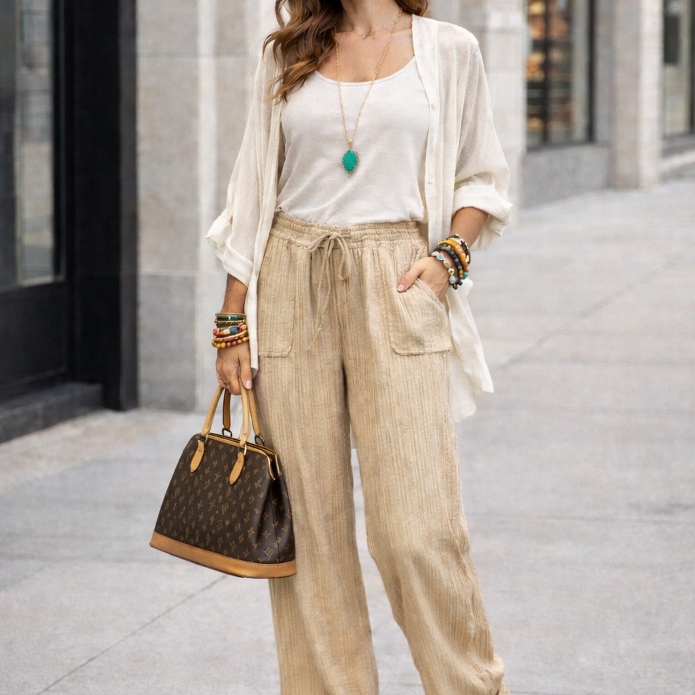 Gigio, Palazzo,Soft Crinkle-Ribbed Tan Wide-Leg Pants w/Pockets,EUC,Size Med.